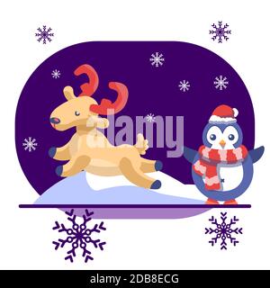 Cerf et pingouin sur fond blanc isolé. Carte postale de Noël pour invitation ou carte-cadeau, carnet, carrelage de bain, album. Étui de téléphone ou CLO Illustration de Vecteur