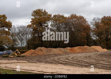 Aylesbury Vale, Buckinghamshire, Royaume-Uni. 16 novembre 2020. C'est tout ce qui reste de la partie de l'ancienne forêt de Grim's Ditch. HS2 ont détruit le bois et l'ont transformé en copeaux de bois. Les habitants de la région qui ont traversé les bois pendant de nombreuses années sont absolument dévastés par cette perte d'habitat de la faune pour la liaison HS2 High Speed Rail de Londres à Birmingham. Crédit : Maureen McLean/Alay Live News Banque D'Images