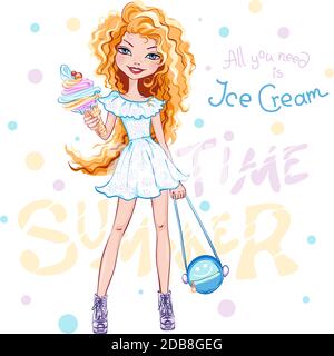 Vector mignon belle fille blonde avec glace en blanc robe avec sac rond Banque D'Images