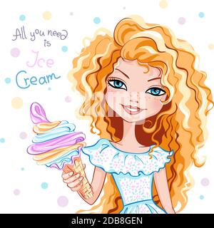 Vector mignon belle fille blonde avec glace en blanc robe Banque D'Images