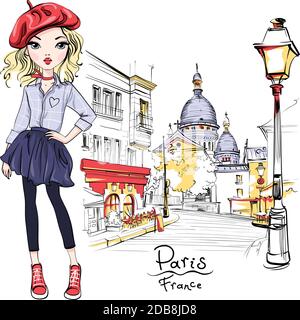 Vector cute blonde girl à béret rouge sur la Place du Tertre près de Sacré-coeur, trimestre Montmartre à Paris, France Banque D'Images