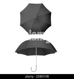 Parapluie noir et parasols réalistes isolés sur blanc. Modèle de conception de parasols ouverts pour maquette. Fichier vectoriel EPS 10 inclus Banque D'Images