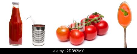 Tomates rouges fraîches dans un ketchup d'étain et soupe blanche isolée Banque D'Images