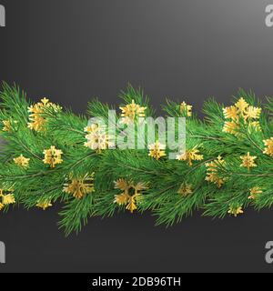 Bordure de Noël faite de branches de pin réalistes avec des flocons de neige en papier d'or sur le noir. Fichier vectoriel EPS 10 Banque D'Images