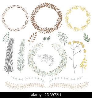 Éléments floraux vintage dessinés à la main. Ensemble de fleurs, d'icônes et d'éléments décoratifs. Illustration de Vecteur