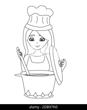 Belle fille cuisson de la soupe, doodle illustration Banque D'Images