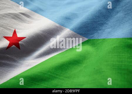 Gros plan du drapeau Djibouti Djibouti ébouriffé, Drapeau Blowing in Wind Banque D'Images