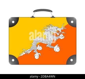 Drapeau bhoutanais sous forme de valise de voyage sur fond blanc - illustration Banque D'Images