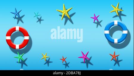 Des vacances d'été à la piscine avec Plongée Masque, palmes et d'étoiles flottant sur une surface de l'eau bleue Banque D'Images