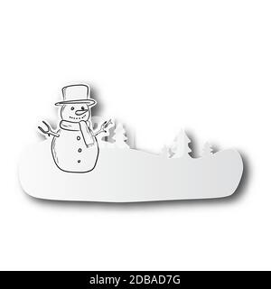 ligne noire tirée à la main de pins et de bonhomme de neige dans la neige forêt sur papier coupé avec ombre isolée sur fond blanc Illustration de Vecteur
