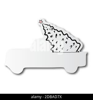 Ligne noire dessinée à la main de l'arbre de Noël sur une coupe de camion papier avec ombre isolée sur fond blanc Illustration de Vecteur