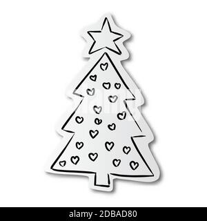 Ligne noire dessinée à la main d'un arbre de Noël en pin et d'une étoile sur papier coupé avec ombre isolée sur fond blanc Illustration de Vecteur