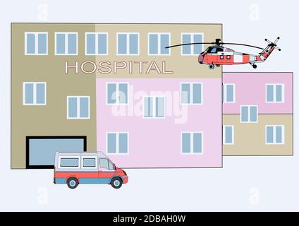 hôpital résumé bâtiment avec ambulance et hélicoptère Illustration de Vecteur