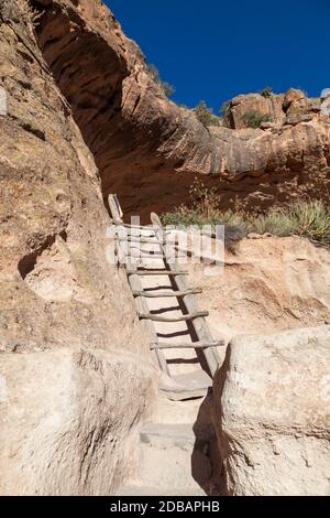 Une échelle en bois mène à une grotte ouvrante sculptée Dans une falaise de grès par le peuple Pueblo à Frijoles Canyon situé à Bandelier National Monumen Banque D'Images