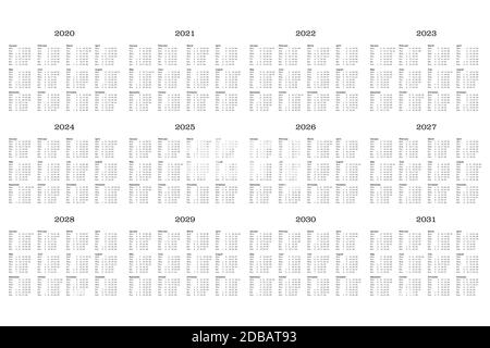 Douze ans de calendrier des années 2020 à 2031 Banque D'Images