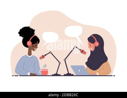 Modèle de page d'accueil de podcast. Entretien avec l'hôte radio. Diffusion en ligne. Illustration de Vecteur