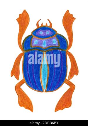 Scarabée bleue isolée sur fond blanc. Insecte sacré ancien. La culture égyptienne. Symbole de bogue du soleil. Logotype du coléoptère. Illustration du drwan manuel. Co Banque D'Images