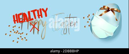 Bannière ou carte de vœux de Pâques. Ayez un œuf sain et joyeuses pâques. dans un masque médical. Bannière horizontale. Illustration vectorielle réaliste. Banque D'Images