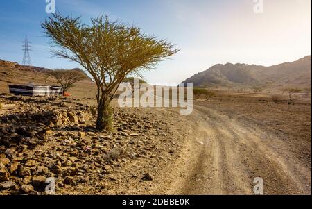 Route de terre à Al Hajar mountains à Fujairah, ÉMIRATS ARABES UNIS et une tente Banque D'Images
