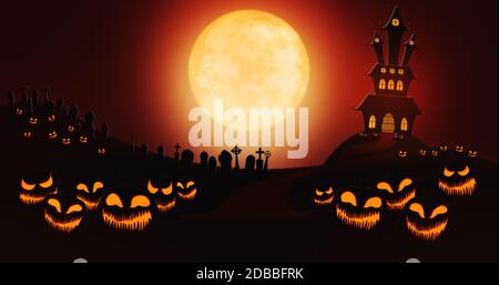 Citrouilles d'Halloween au cimetière contre Pleine Lune Ciel avec Haunted Mansion en arrière-plan Banque D'Images