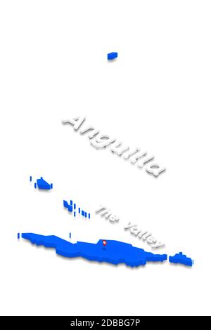 Illustration d'une carte bleue du sol d'Anguilla sur fond blanc isolé. Projection de perspective isométrique 3D gauche avec le nom du pays et capi Banque D'Images