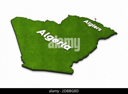 Illustration d'une carte verte de l'Algérie sur fond de grille. Projection isométrique 3D gauche avec le nom du pays et de la capitale Algier Banque D'Images