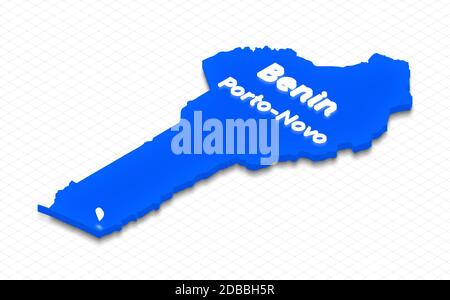 Illustration d'une carte bleue du Bénin sur fond de grille. Projection isométrique 3D gauche avec le nom du pays et de la capitale Porto-Nov Banque D'Images