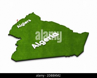 Illustration d'une carte verte de l'Algérie sur fond de grille. Projection isométrique 3D droite avec le nom du pays et de la capitale Algie Banque D'Images