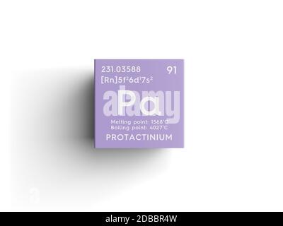 Protactinium. Actinoïdes. Élément chimique du tableau périodique de Mendeleev. Protactinium en cube carré concept créatif. Illustration 3D. Banque D'Images