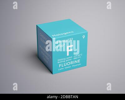 Fluor. Halogènes. Élément chimique du tableau périodique de Mendeleev. Concept créatif du fluor en cube carré. Illustration 3D. Banque D'Images