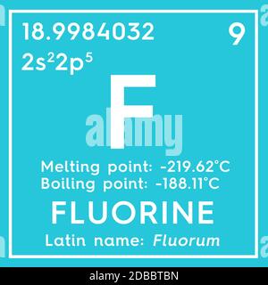 Fluor. Halogènes. Élément chimique du tableau périodique de Mendeleev. Concept créatif du fluor en cube carré. Illustration 3D. Banque D'Images
