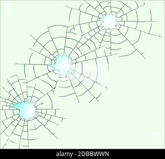 Trois balles dans une fenêtre avec l'éclatement du verre. Banque D'Images