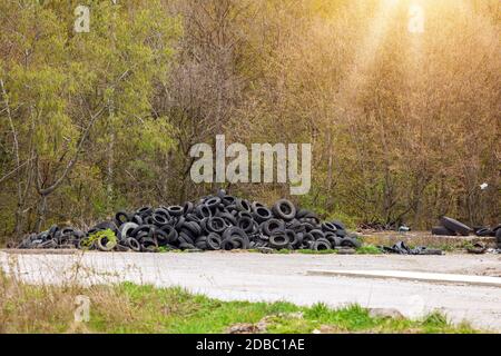 Vidage illégal près de la route de campagne dans le pays le jour ensoleillé. Pollution par les déchets dans la nature. Un dépotoir sale près des bois de la forêt. Banque D'Images