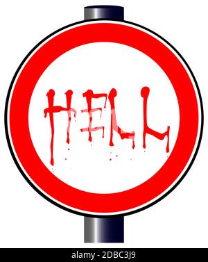 Un grand trafic ronde rouge affichant un enfer traffic sign Banque D'Images