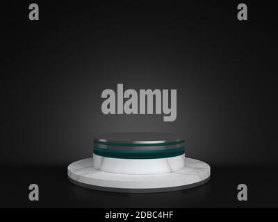 rendu tridimensionnel de marbre blanc avec socle en argent isolé sur fond noir panneau commémoratif, marches de cylindre, concept abstrait minimal, espace vide, Banque D'Images