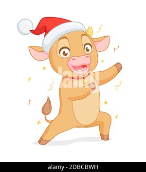 Joli bébé boeuf dans le chapeau Santas de présentation. Personnage de dessin animé vectoriel sur fond blanc. Illustration de Vecteur