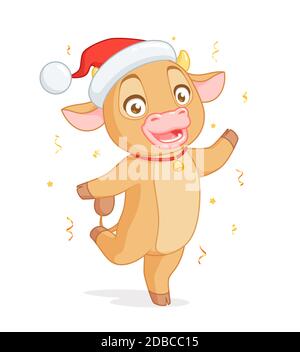 Joli bébé bœuf en chapeau Santas debout sur une jambe. Personnage de dessin animé vectoriel sur fond blanc. Illustration de Vecteur