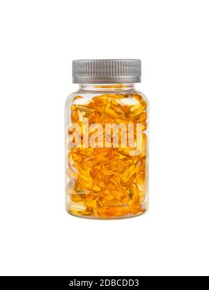 Fermez une bouteille de vitamines oméga 3 jaunes et de pilules pour bouchons de gel d'huiles essentielles de poisson isolées sur fond blanc, vue latérale à faible angle Banque D'Images