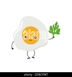 Œufs frits de personnages mignons avec branche de persil dans le style kawaii. Illustration vectorielle Banque D'Images