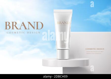 Crème solaire sur scène blanche contre fond de ciel dans l'illustration 3d. Bannière publicitaire de produit de beauté Illustration de Vecteur