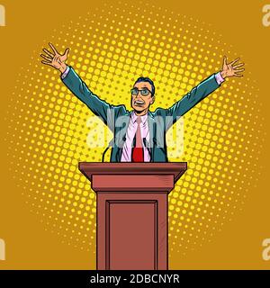 un homme politique heureux sur le podium. Illustration vectorielle rétro pop art kitsch vintage 50 s 60 style Banque D'Images