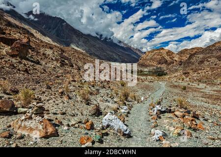 Sentier à pied vers le lac sacré Lohat TSO dans l'Himalaya. Vallée de Nubra, Ladakh, Inde Banque D'Images