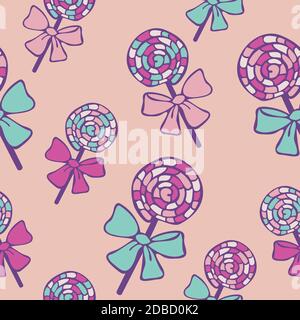 Motif vectoriel sans couture de bonbons à la lylipop sur fond rose clair. Design pour la boutique de bonbons. Illustration de Vecteur