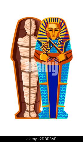 Illustration de vecteur de dessin animé de création de momie. Étapes du processus de momification, embaumant le corps mort, l'enveloppant de tissu et le plaçant dans le sarcophage égyptien. Traditions de l'Égypte ancienne, culte des morts Illustration de Vecteur