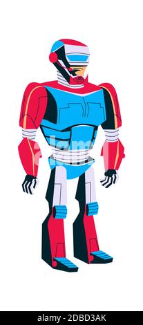 Évolution de robot, homme en métal exosquelette, intelligence artificielle progrès technologique vecteur de dessin animé en couleur bleue développement de robots Illustration de Vecteur