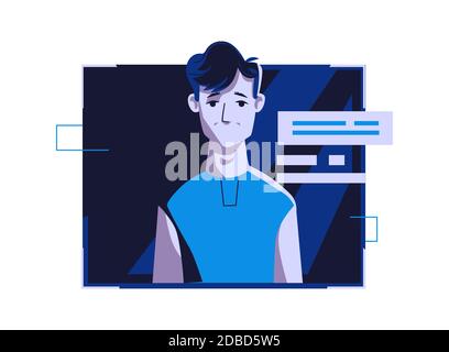 Avatar de personnes modernes dans des vêtements décontractés, illustration de dessin animé vectoriel. Homme avec un visage et des cheveux individuels, dans un cadre numérique clair sur fond d'ordinateur bleu foncé, image pour le profil web Illustration de Vecteur