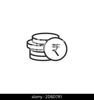 Pile de pièces de roupie avec pièce devant elle. Icône de ligne noire plate. Isolé sur blanc. Pictogramme économie, finance, argent. Symbole de richesse. Vecteur illus Illustration de Vecteur