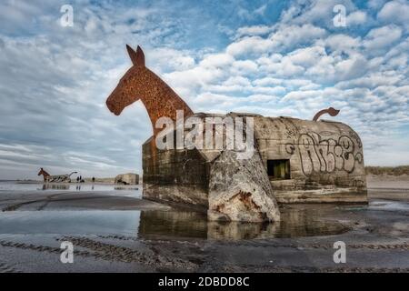 Bunker Mules chevaux sur Blaavand Beach, côte de la mer du Nord, Danemark Banque D'Images