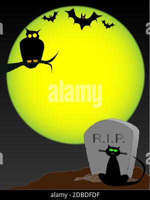Une pierre tombale sur une pleine lune avec divers animaux d'Halloween. Banque D'Images