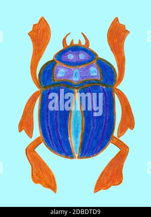 Scarabée bleue isolée sur fond clair. Insecte sacré ancien. La culture égyptienne. Symbole de bogue du soleil. Logotype du coléoptère. Illustration dessinée à la main. Co Banque D'Images